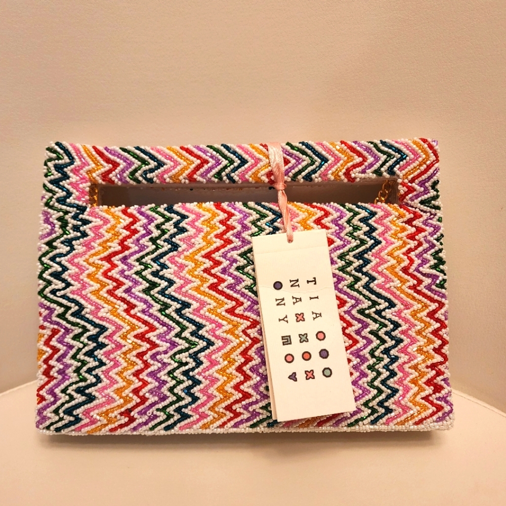 TIA NA NY multi color top handle beaded purse